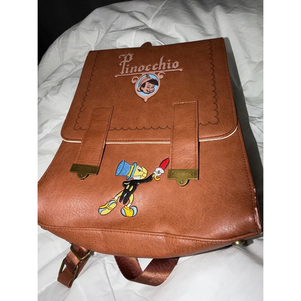 Disney Loungefly Pinocchio Jiminy Cricket Storybook Brown Faux Leather Backpack - Picture 8 of 12